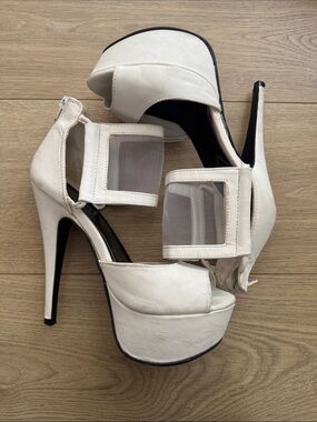 White Platform Peep-Toe High Heels with Mesh Strap